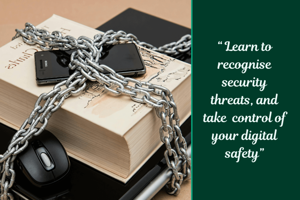 A book wrapped with metal chains and a computer mouse and smartphone, symbolizing learning to recognize security threats and take control of your digital safety, utilizing empowered privacy steps.