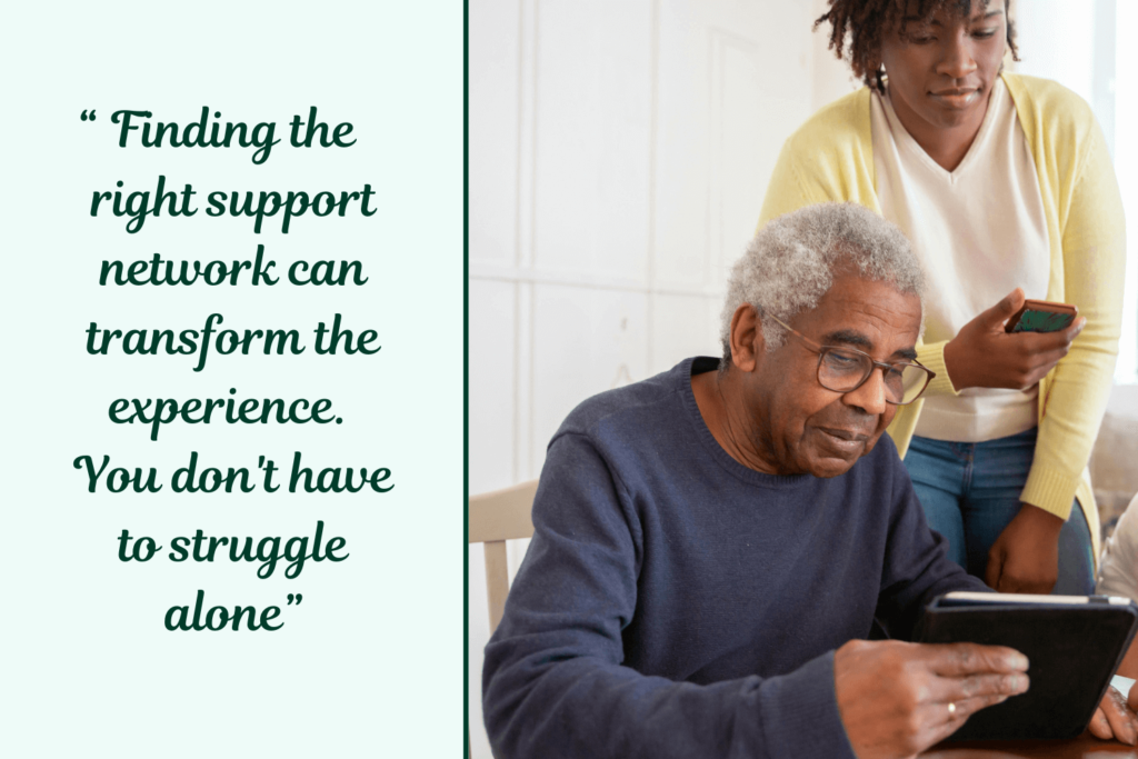 An elderly man and a younger woman sit together looking at a smartphone screen, representing how finding the right support network can transform the experience of learning new technology from frustrating to empowering.