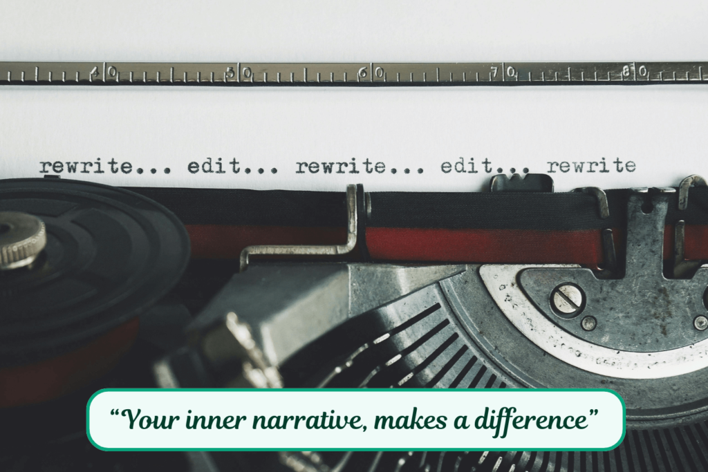 Closeup view of a typewriter with the text "rewrite... edit... rewrite... edit... rewrite" typed on the paper, illustrating the concept of rewriting your inner narrative to build digital confidence and overcome technology stress.