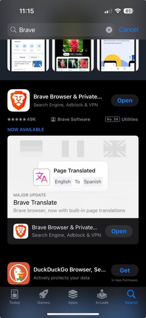 a picture of the brave browser installation process on an iPhone computer to showcase the process of downloading the application