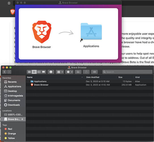 a picture of the brave browser installation process on a Mac computer to showcase the process of downloading the application