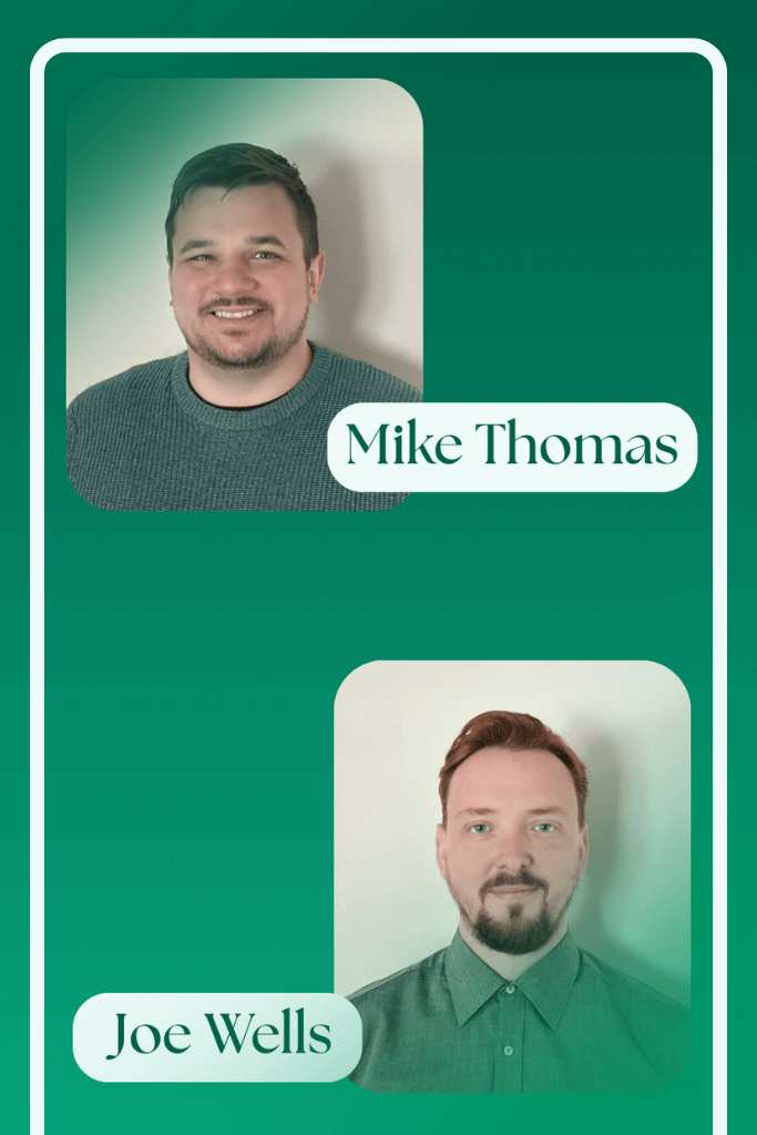 Device upgrade Joe And Mike Profiles Pictures of the two tech tutors entitled Mike Thomas and Joe Wells on a green background with fading in the corners