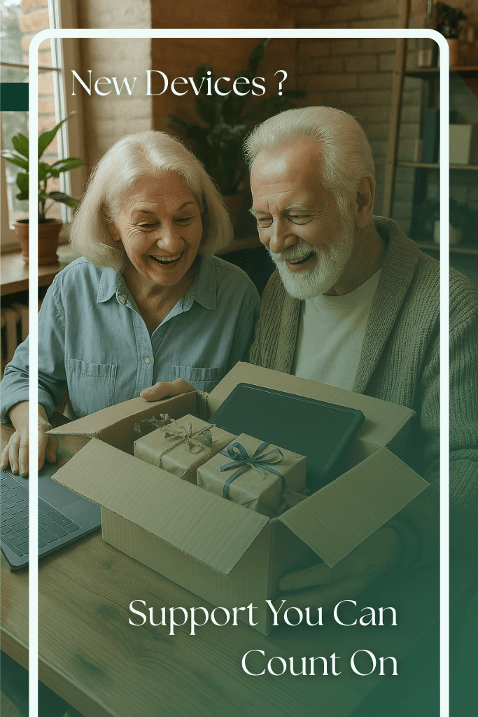 Device upgrade an image of an older couple, opening a box of new tech with the captions "New tech?" on the top left, then in the bottom right "support you can count on"