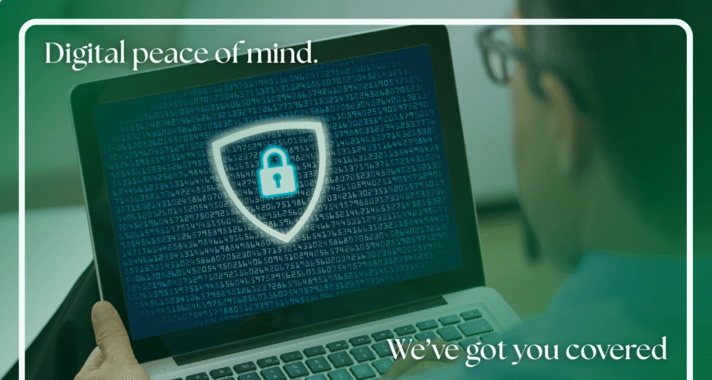 Digital security check Digital security check image of a laptop with a shield emblazoned with a lock