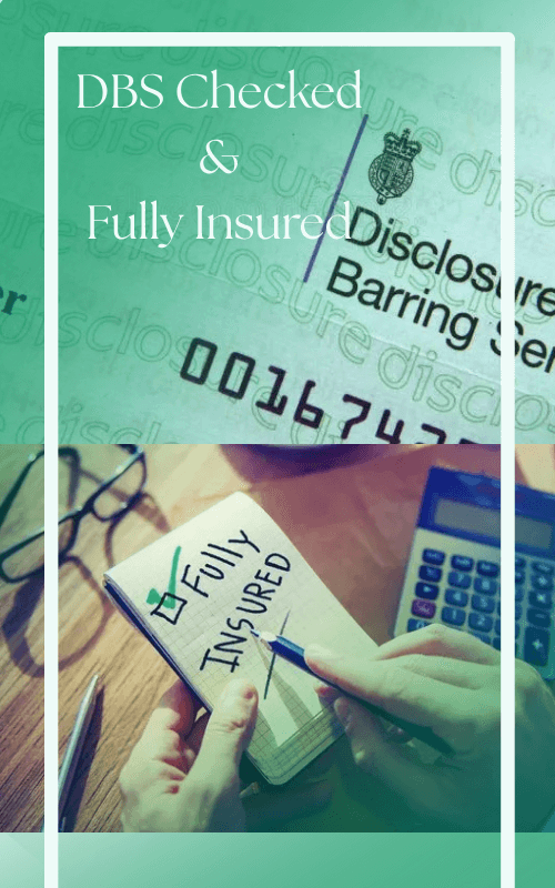 Photo illustrating a DBS checked cirtificat and a picture of a hand writing the words fully insure on a notepad with a green tick